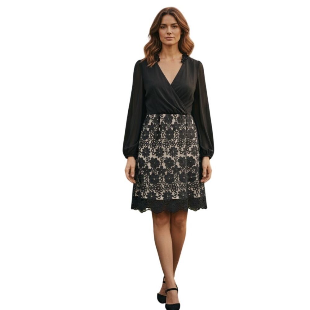 Metisu Vintage Black Floral Long Sleeve Cocktail Dress size Medium